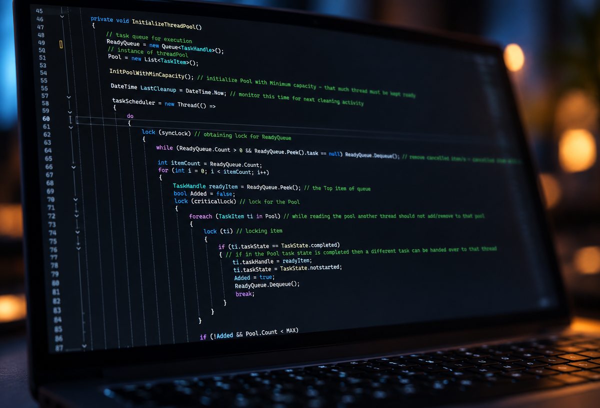 Laptop screen showing C# source code